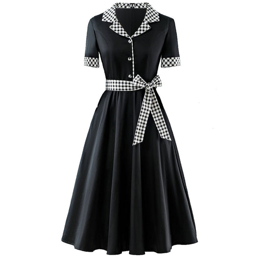 Hepburn Style Britse Retro Geruite Jurk met Polokraag en Korte Mouwen voor Dames & Plus-size