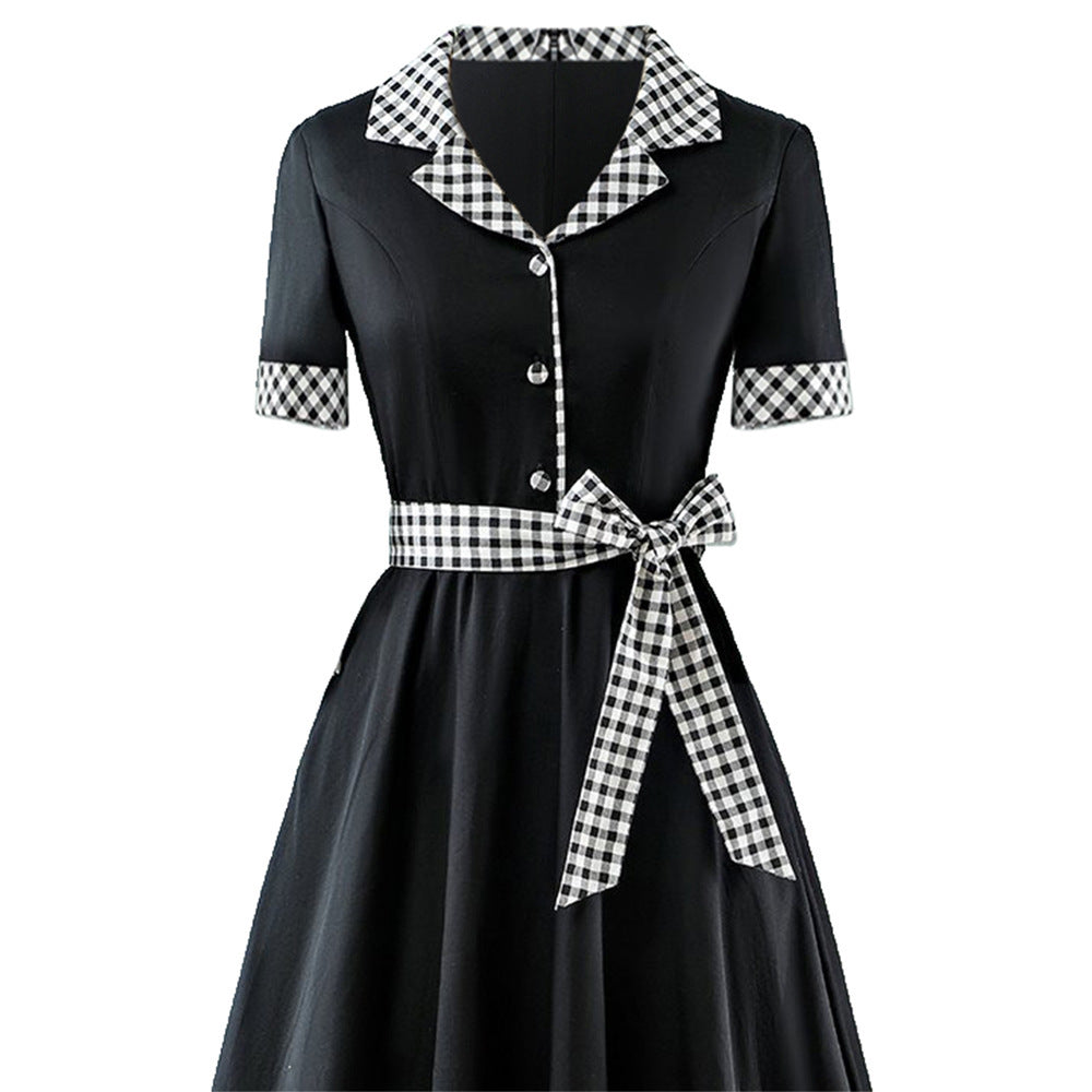 Hepburn Style Britse Retro Geruite Jurk met Polokraag en Korte Mouwen voor Dames & Plus-size