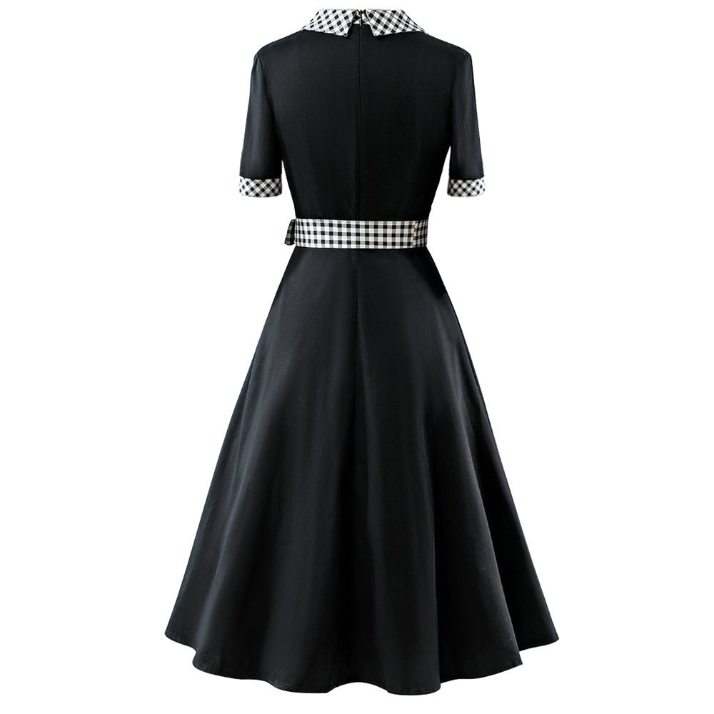 Hepburn Style Britse Retro Geruite Jurk met Polokraag en Korte Mouwen voor Dames & Plus-size