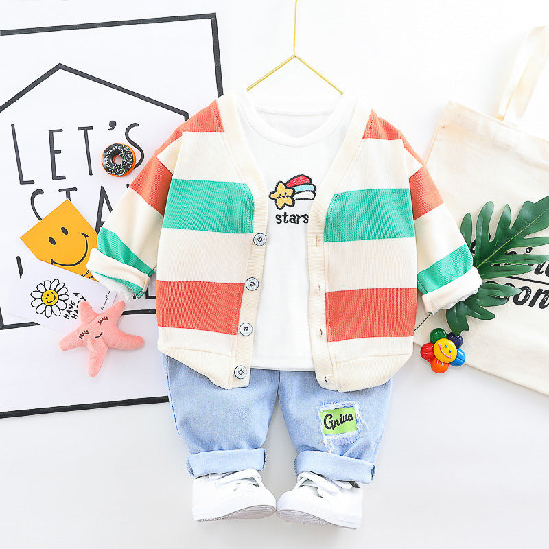 Trendy Driedelige Kinderset Vest met Regenboogstrepen T-shirt met Print & Jeans voor Jongens en Meisjes