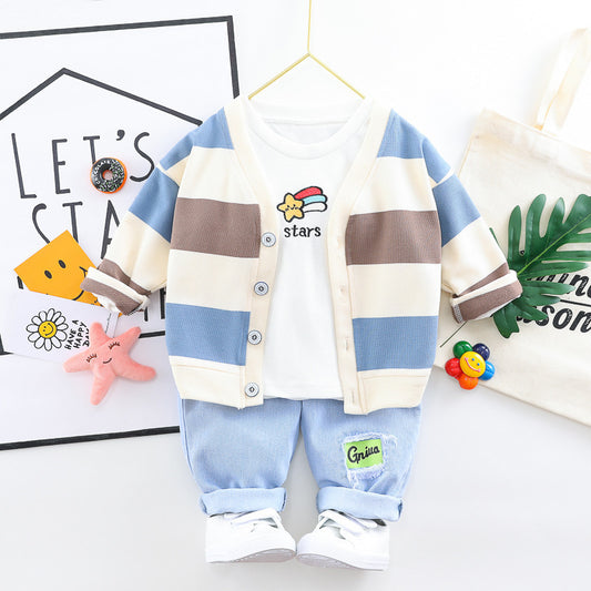Trendy Driedelige Kinderset Vest met Regenboogstrepen T-shirt met Print & Jeans voor Jongens en Meisjes