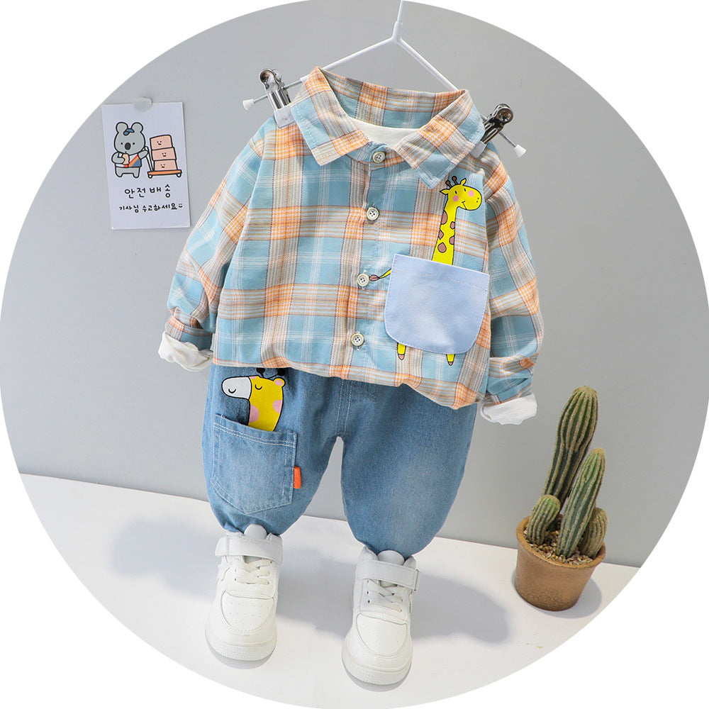 Tweedelig Set Geruite Overhemd met Print en Jeans voor Kinderen
