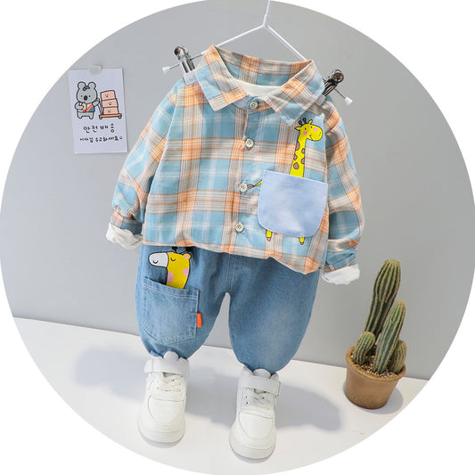 Tweedelig Set Geruite Overhemd met Print en Jeans voor Kinderen