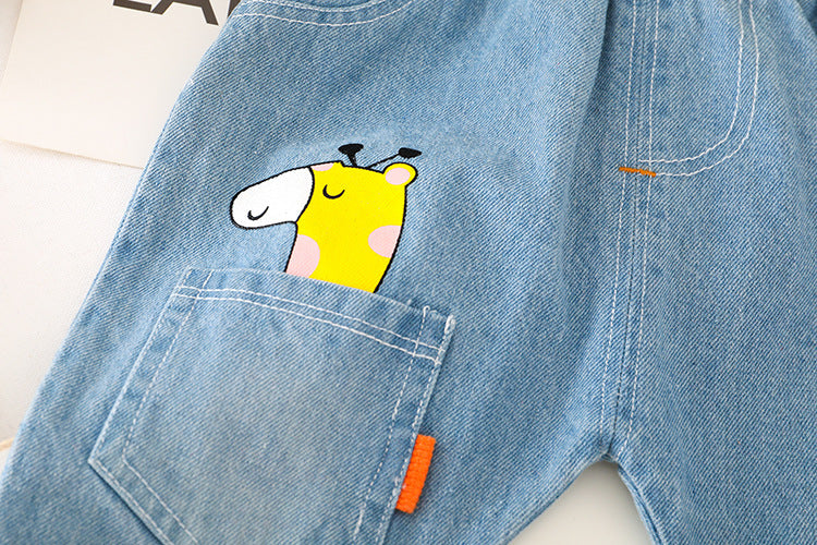 Tweedelig Set Geruite Overhemd met Print en Jeans voor Kinderen