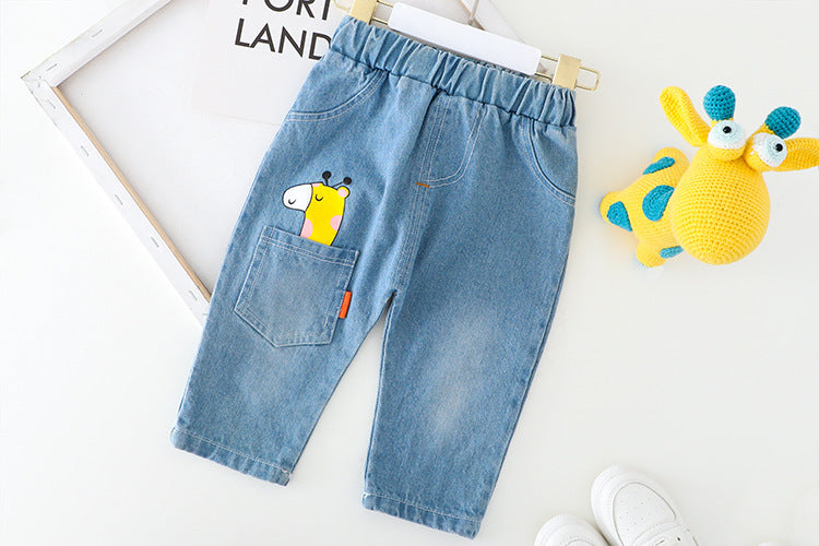 Tweedelig Set Geruite Overhemd met Print en Jeans voor Kinderen