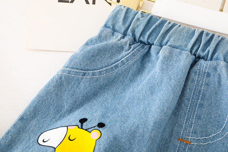 Tweedelig Set Geruite Overhemd met Print en Jeans voor Kinderen