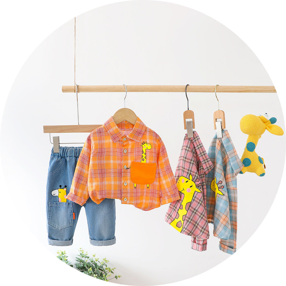 Tweedelig Set Geruite Overhemd met Print en Jeans voor Kinderen