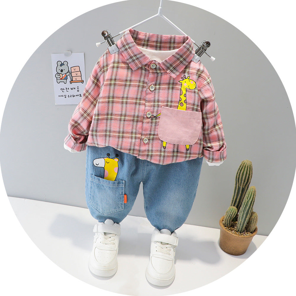 Tweedelig Set Geruite Overhemd met Print en Jeans voor Kinderen