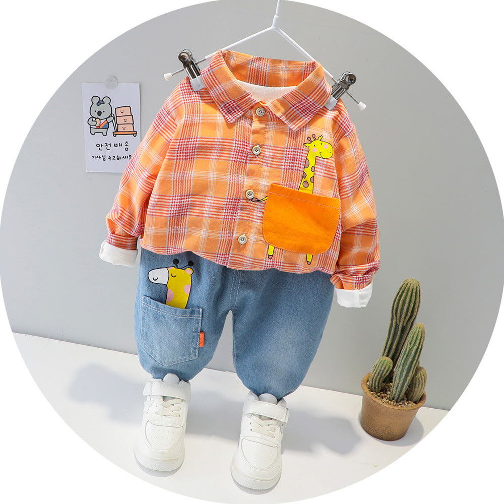 Tweedelig Set Geruite Overhemd met Print en Jeans voor Kinderen