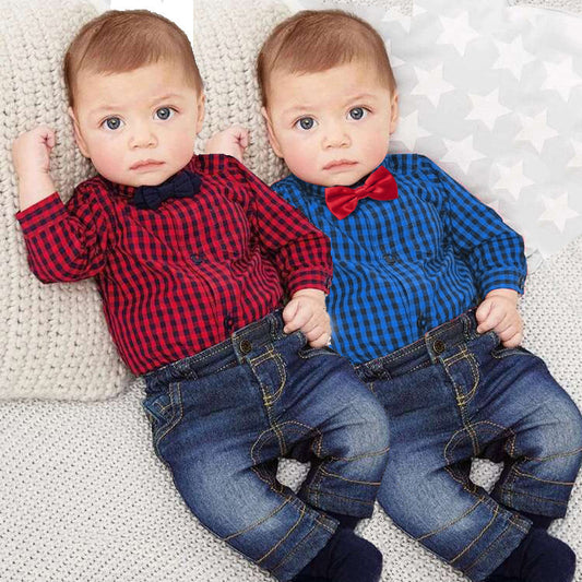 Baby Outfit Geruiten Rompertje met Strik & Jeans voor Jongens