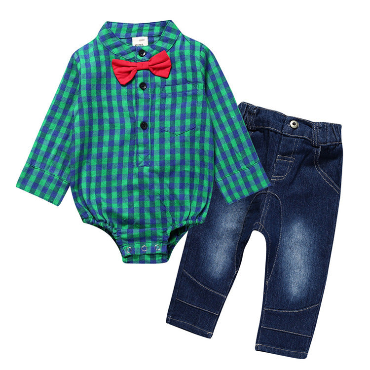 Baby Outfit Geruiten Rompertje met Strik & Jeans voor Jongens