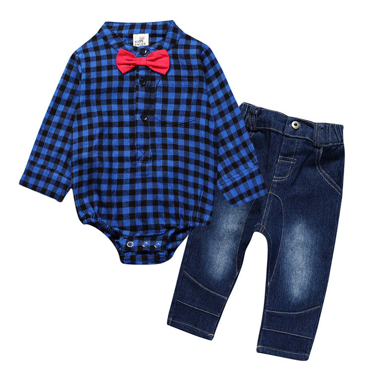 Baby Outfit Geruiten Rompertje met Strik & Jeans voor Jongens