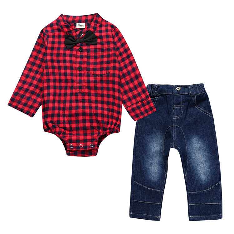 Baby Outfit Geruiten Rompertje met Strik & Jeans voor Jongens