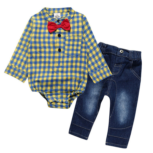 Baby Outfit Geruiten Rompertje met Strik & Jeans voor Jongens