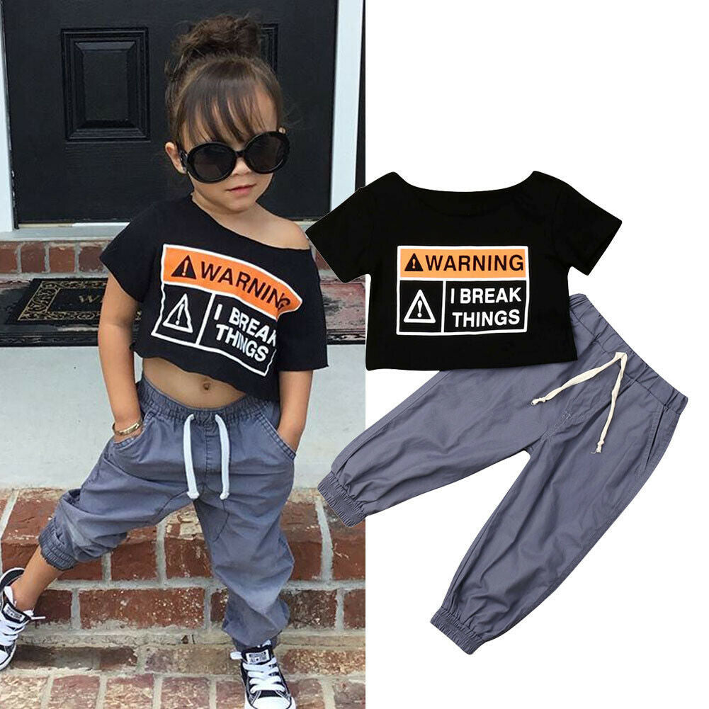 Tweedelige Kinderset T-shirt met Korte Mouwen en Letterprint & Broek met Trekkoord voor Meisjes