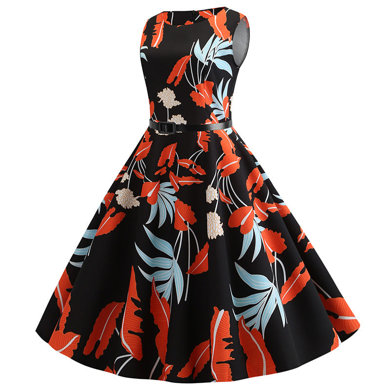 Hepburn Style Retro Afslankende-Taille Jurk met Ronde Hals en Bloemenpatroon voor Dames & Plus-size