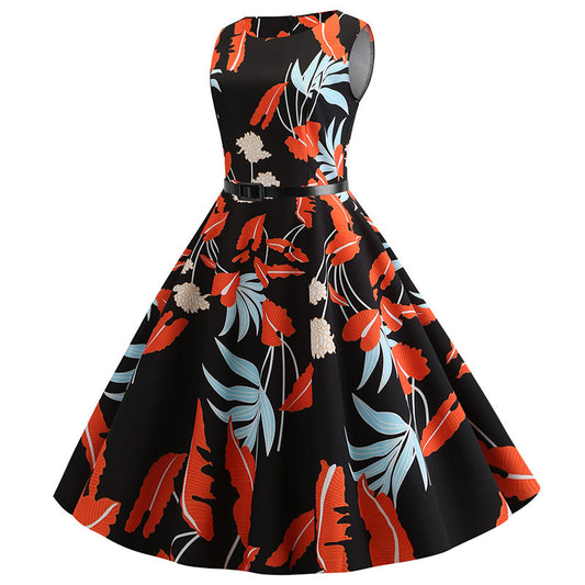 Hepburn Style Retro Afslankende-Taille Jurk met Ronde Hals en Bloemenpatroon voor Dames & Plus-size