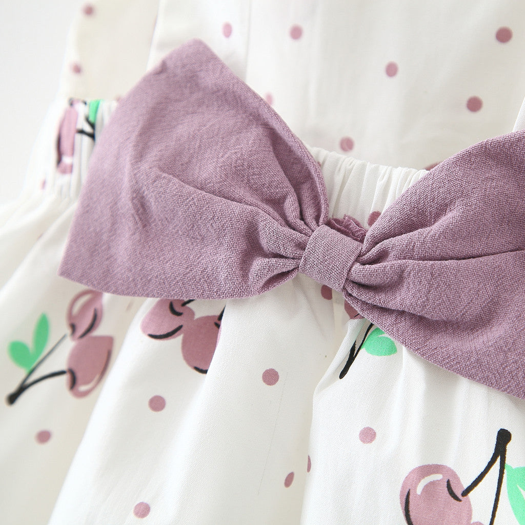 Elegante Casual Strikhoed & Mouwloze Prinsessenjurk met Bedrukte Kersen Stippen Print en Strik voor Meisjes