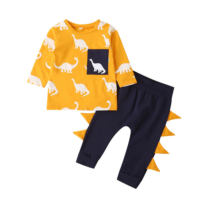 Tweedelig pak T-shirt met Lange Mouwen en Cartoon Dinosaurusprint & Broek voor Babý's/ Peuters