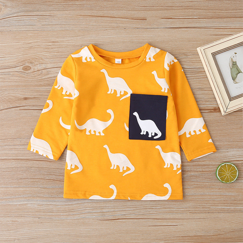 Tweedelig pak T-shirt met Lange Mouwen en Cartoon Dinosaurusprint & Broek voor Babý's/ Peuters