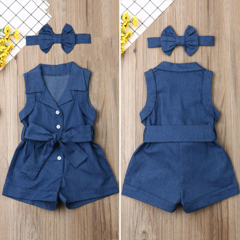 Europa en Amerika Stijl Baby Meisjeskleding Mouwloos Romper-Jumpsuit Denim & Haarband