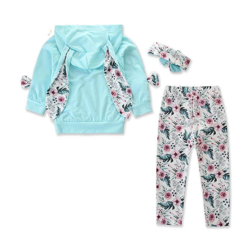 Europees en Amerikaans 2-delig Outfit Trendy Hoodie met konijnenoren & broek met bloemenprint voor Baby's / Peuters