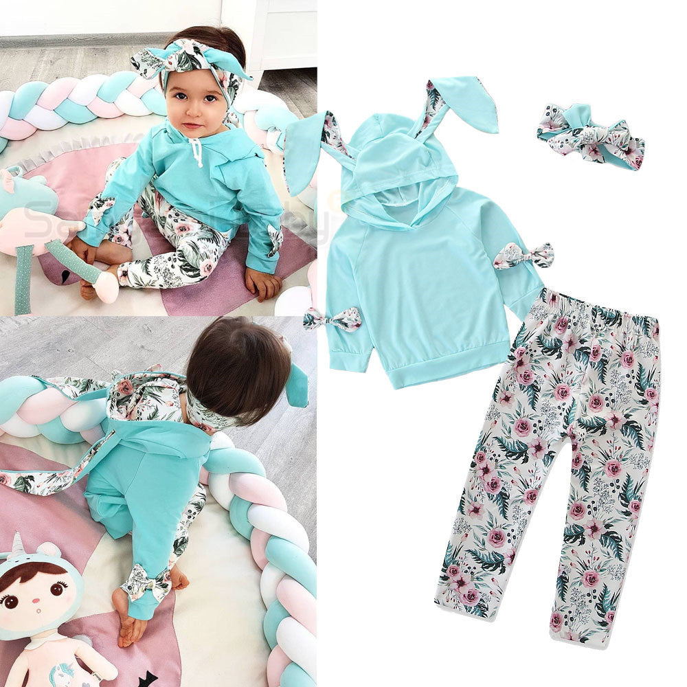 Europees en Amerikaans 2-delig Outfit Trendy Hoodie met konijnenoren & broek met bloemenprint voor Baby's / Peuters