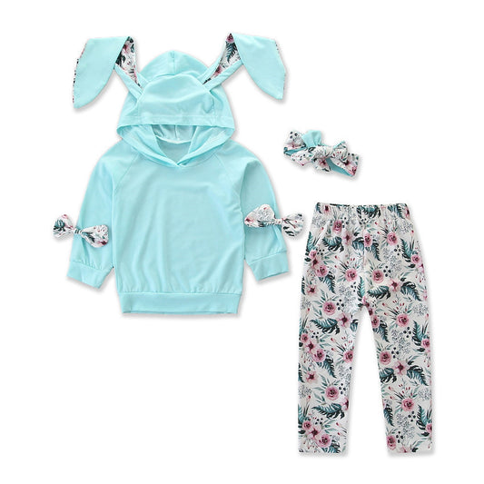 Europees en Amerikaans 2-delig Outfit Trendy Hoodie met konijnenoren & broek met bloemenprint voor Baby's / Peuters