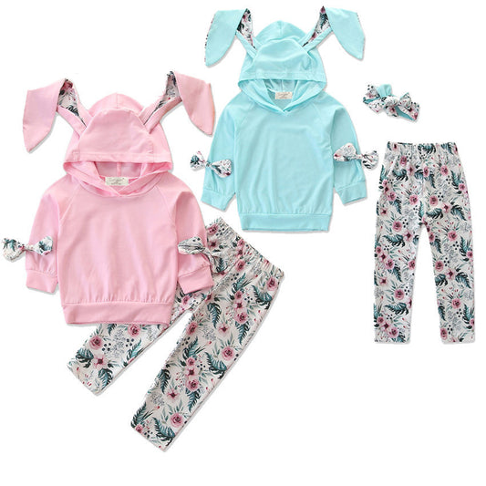 Europees en Amerikaans 2-delig Outfit Trendy Hoodie met konijnenoren & broek met bloemenprint voor Baby's / Peuters