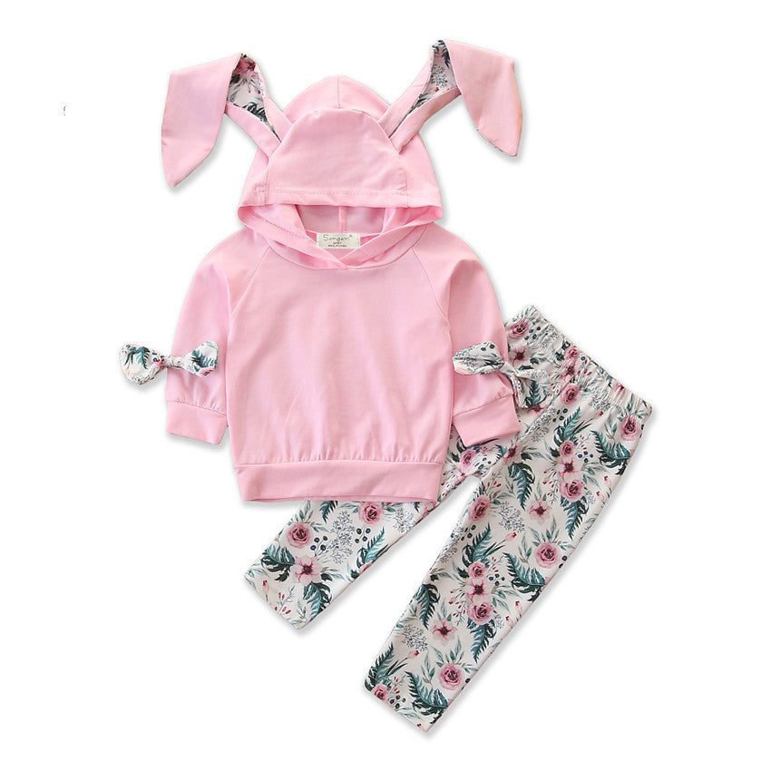 Europees en Amerikaans 2-delig Outfit Trendy Hoodie met konijnenoren & broek met bloemenprint voor Baby's / Peuters