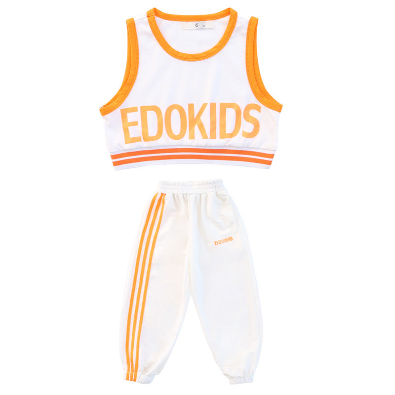Westerse Stijl 2-delige Meisjes Sportoutfit Mouwloos Navel Top met Tekstprint & Broek voor Kinderen/ Tieners