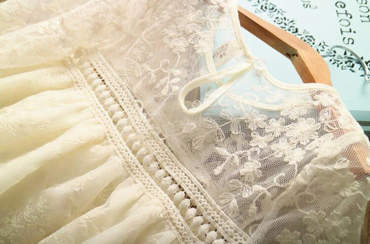 Meisjes Prinsessenjurk van Kant met Ronde Hals en Borduurwerk voor Kinderen & Tieners