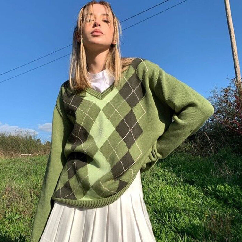 American Street Vintage Groene V-hals Diamant Trui voor Dames & Meiden