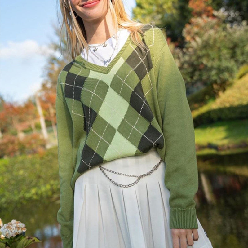 American Street Vintage Groene V-hals Diamant Trui voor Dames & Meiden