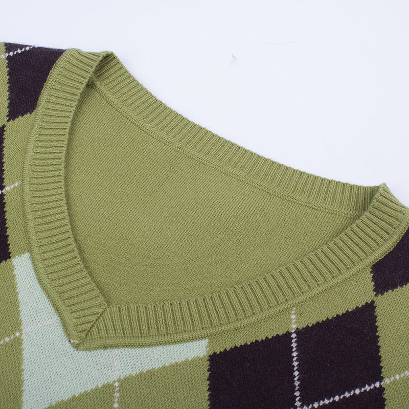 American Street Vintage Groene V-hals Diamant Trui voor Dames & Meiden