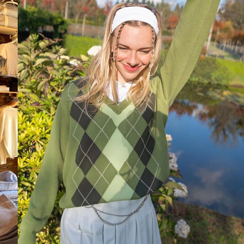 American Street Vintage Groene V-hals Diamant Trui voor Dames & Meiden