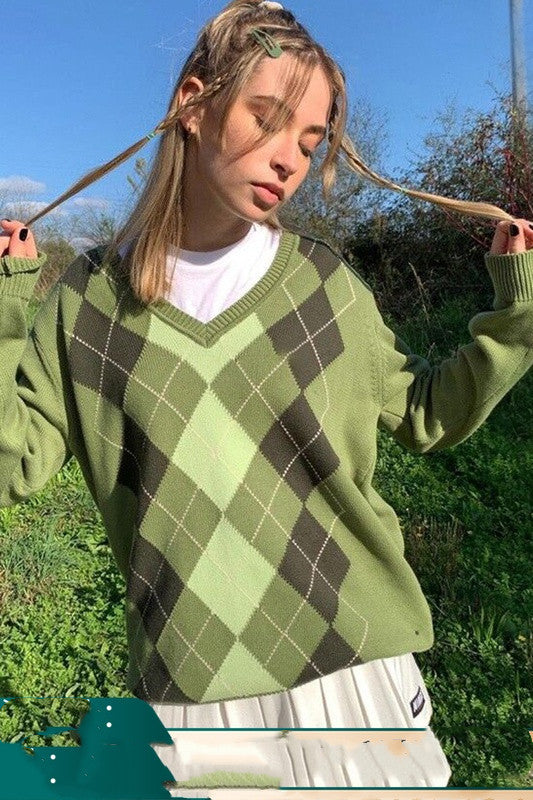 American Street Vintage Groene V-hals Diamant Trui voor Dames & Meiden
