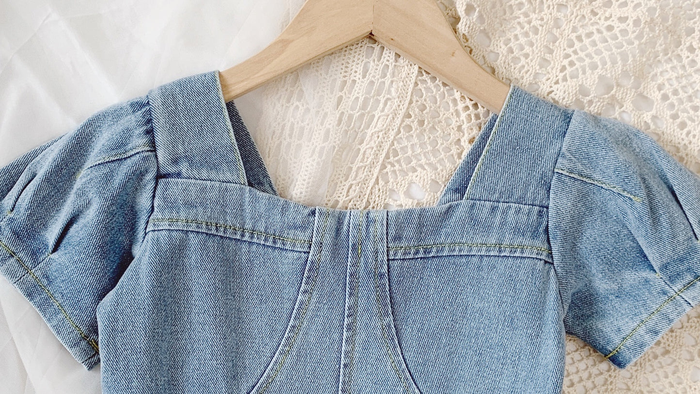 Demin Vierkante Kraag Meisjesjurken