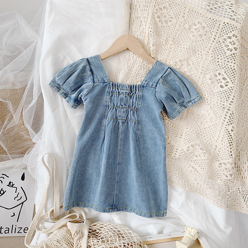 Demin Vierkante Kraag Meisjesjurken