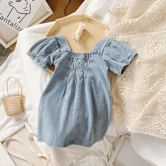 Demin Vierkante Kraag Meisjesjurken