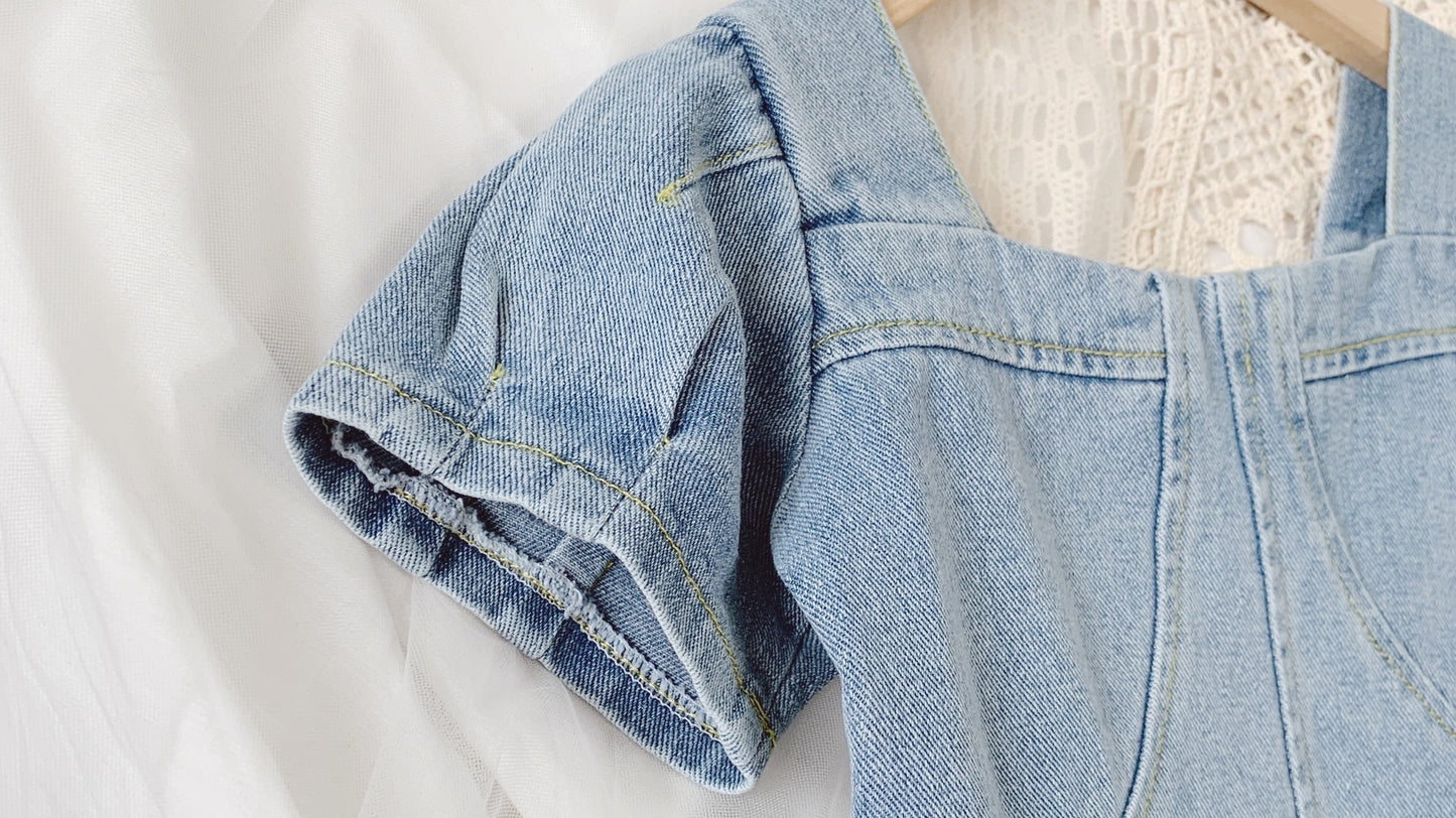 Demin Vierkante Kraag Meisjesjurken