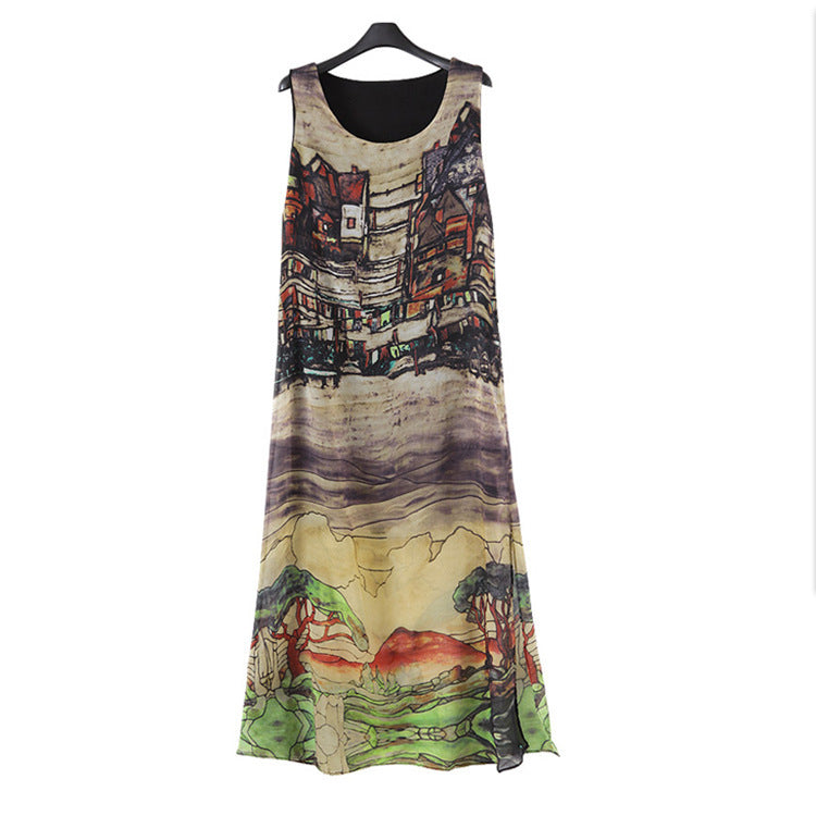 Mouwloze Retro Jurk van Chiffon met Huispatroon en Split voor Plus Size