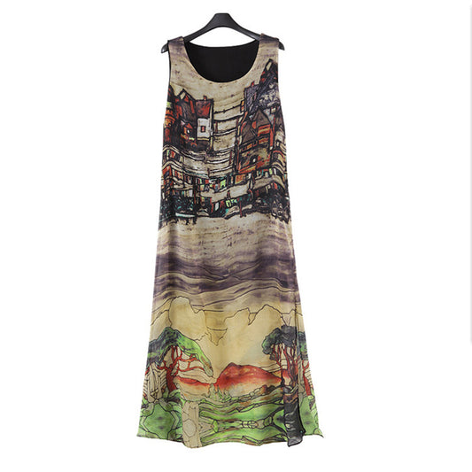 Mouwloze Retro Jurk van Chiffon met Huispatroon en Split voor Plus Size