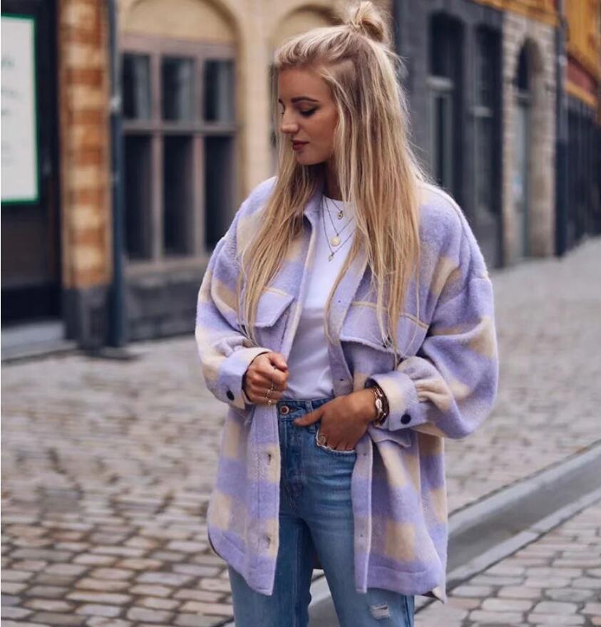 Casual Gewatteerde Geruite Losse Jas met Reverskraag in Europese en Amerikaanse Stijl voor Dames