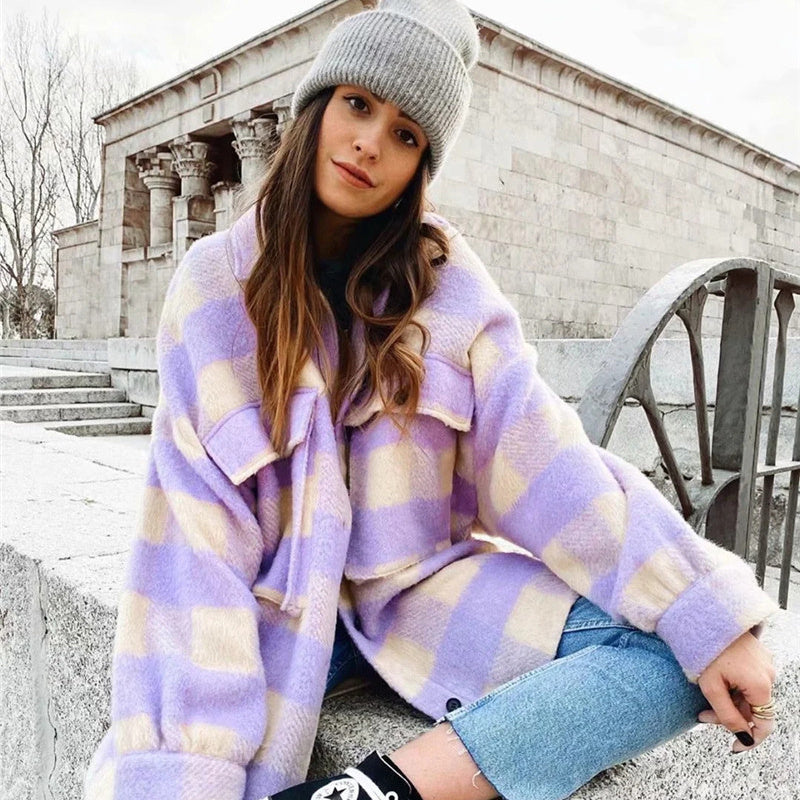 Casual Gewatteerde Geruite Losse Jas met Reverskraag in Europese en Amerikaanse Stijl voor Dames