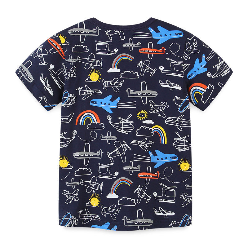 Stijlvolle Casual Effen Kleur Katoenen Rond Hals T-shirt met All-Over Bedrukte Cartoonprint voor Kinderen