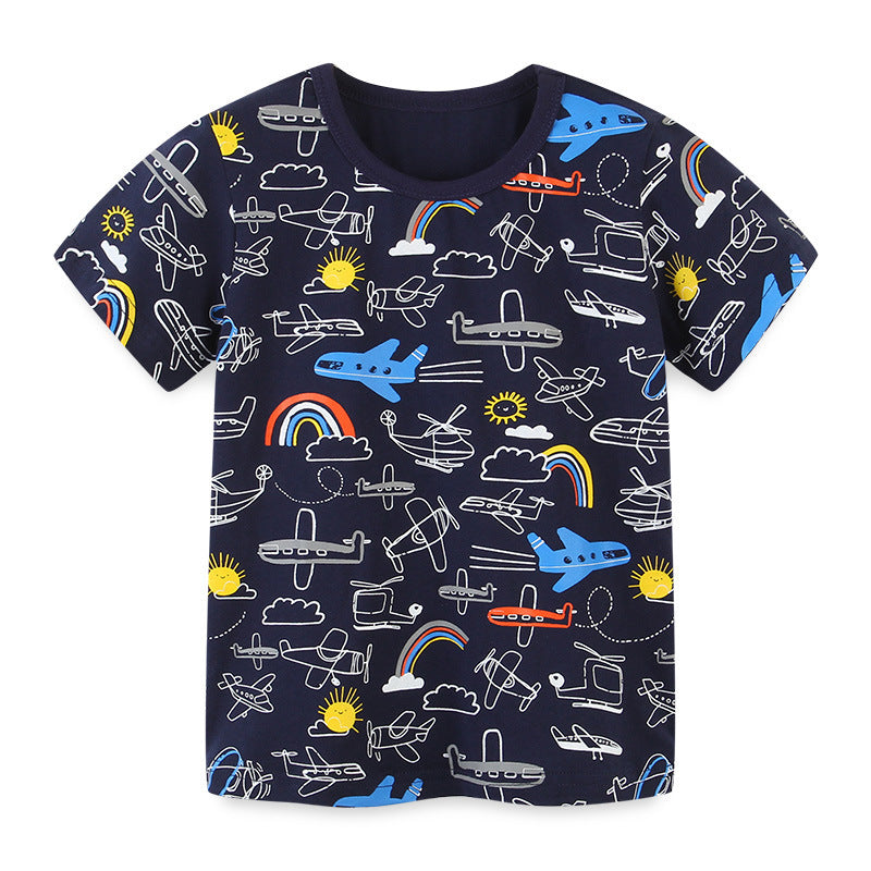 Stijlvolle Casual Effen Kleur Katoenen Rond Hals T-shirt met All-Over Bedrukte Cartoonprint voor Kinderen