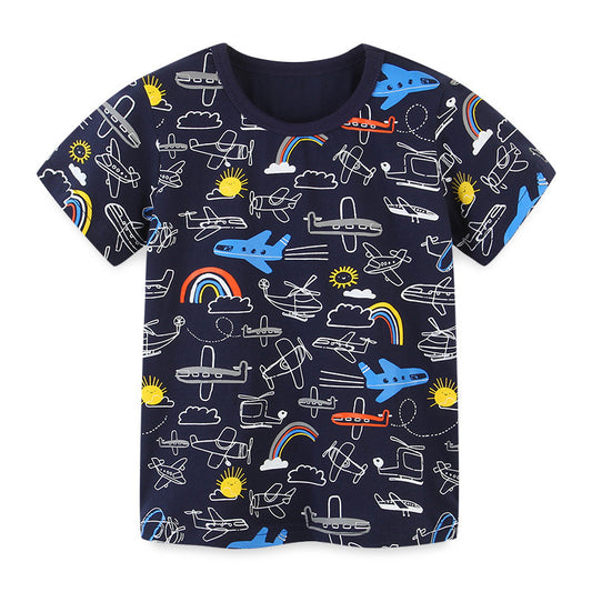 Stijlvolle Casual Effen Kleur Katoenen Rond Hals T-shirt met All-Over Bedrukte Cartoonprint voor Kinderen