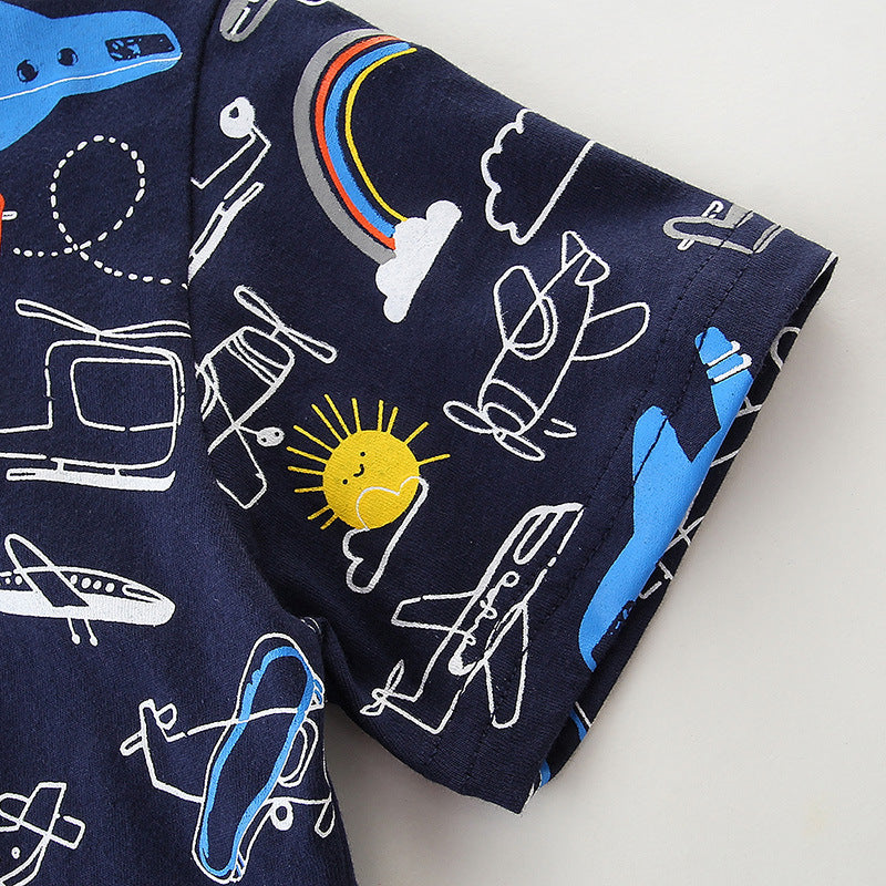 Stijlvolle Casual Effen Kleur Katoenen Rond Hals T-shirt met All-Over Bedrukte Cartoonprint voor Kinderen