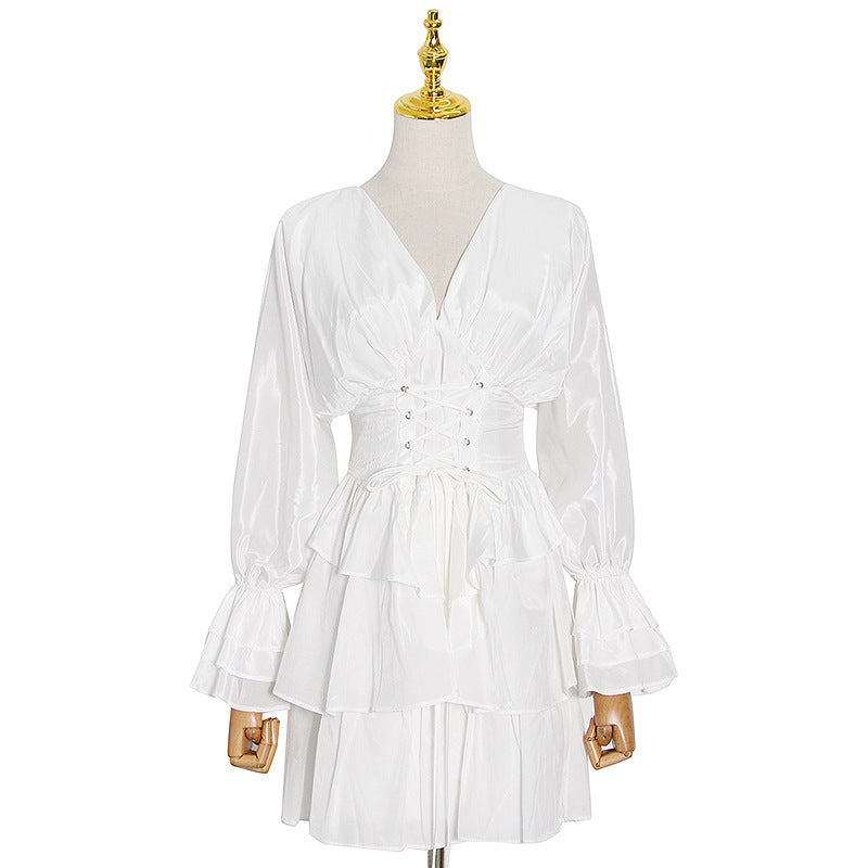 Europese en Amerikaanse Fashion Elegante Diepe V-Hals Taille Afslankende Jurk in Effenkleur voor Tieners/ Dames & Plus Size